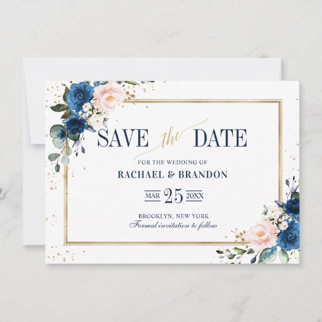 Navy Blue Rubor Pink Geometric Save the date (Anverso)