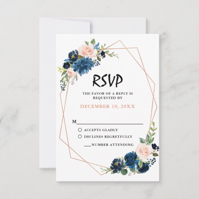 Navy Blue Rubor Rosa Rosa Rosa Boho Wedding RSVP (Anverso)