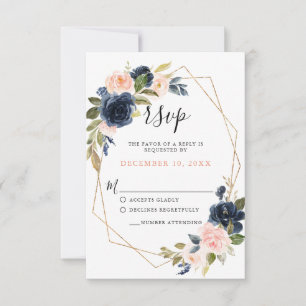Navy Blue Rubor Rosa Rosa Rosa Boho Wedding RSVP
