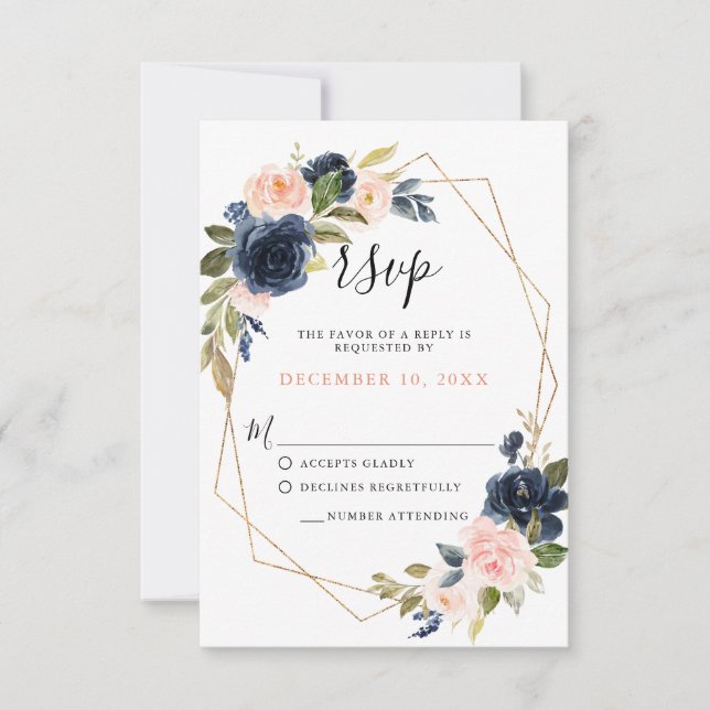 Navy Blue Rubor Rosa Rosa Rosa Boho Wedding RSVP (Anverso)