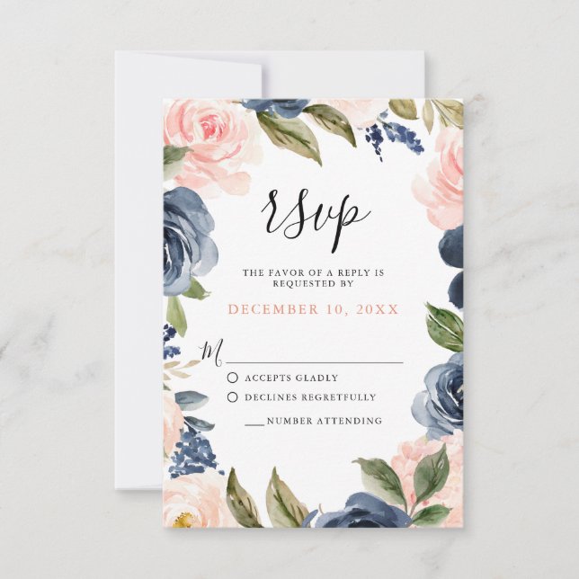 Navy Blue Rubor Rosa Rosa Rosa Boho Wedding RSVP (Anverso)