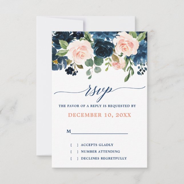 Navy Blue Rubor Rosa Rosa Rosa Boho Wedding RSVP (Anverso)