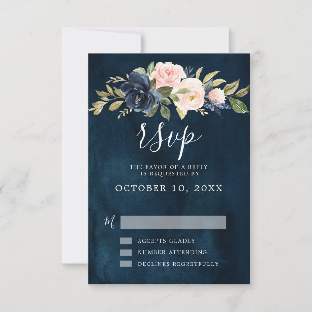 Navy Blue Rubor Rosa Rosa Rosa Boho Wedding RSVP (Anverso)