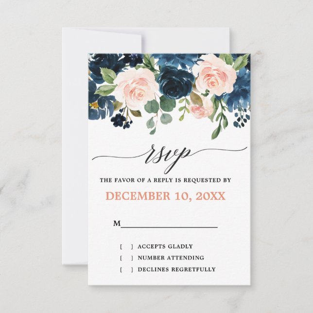 Navy Blue Rubor Rosa Rosa Rosa Boho Wedding RSVP (Anverso)