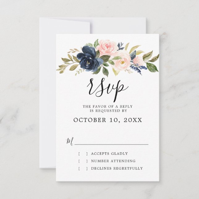 Navy Blue Rubor Rosa Rosa Rosa Boho Wedding RSVP (Anverso)