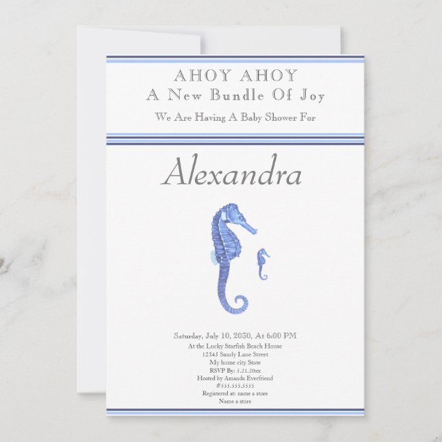 Navy Blue Seahorse Ahoy es un niño Baby Shower (Anverso)
