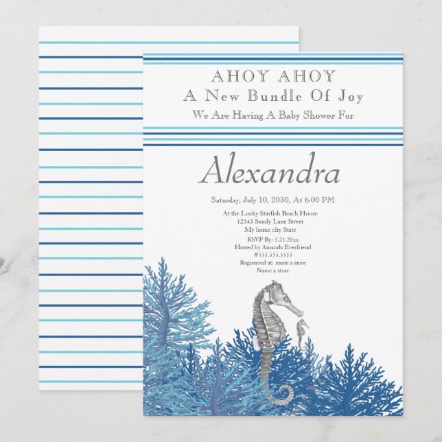 Navy Blue Seahorse Ahoy es un niño Baby Shower (Anverso / Reverso)