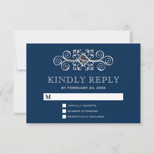 Navy Blue Silver Flourish RSVP (Anverso)