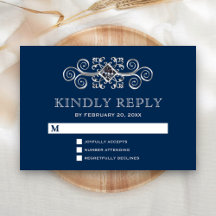 Navy Blue Silver Flourish RSVP