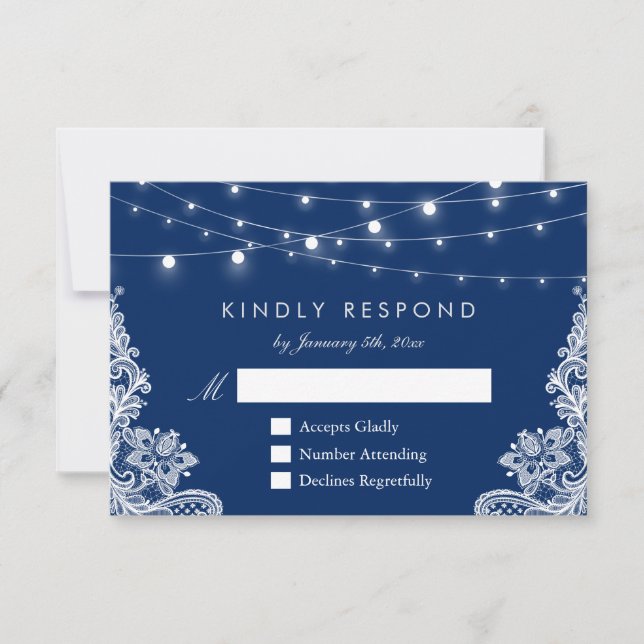 Navy Blue String Lights Lace Wedding Respuesta RSV (Anverso)