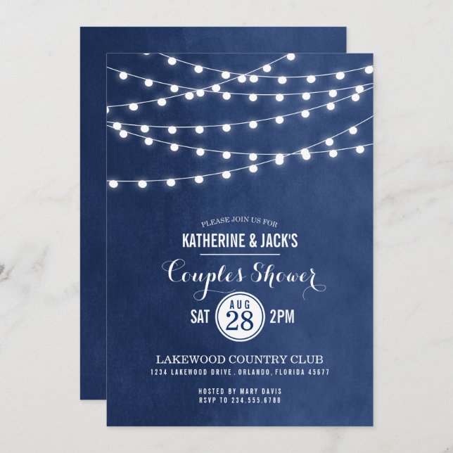 Navy Blue String Lights Parejas Invitación a la du (Anverso / Reverso)