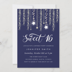 Navy Blue String Lights Sweet 16 Invitación