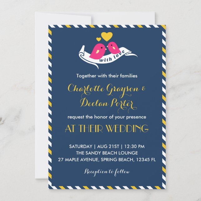 Navy Blue Stripes Love Birds Invitación a la boda (Anverso)