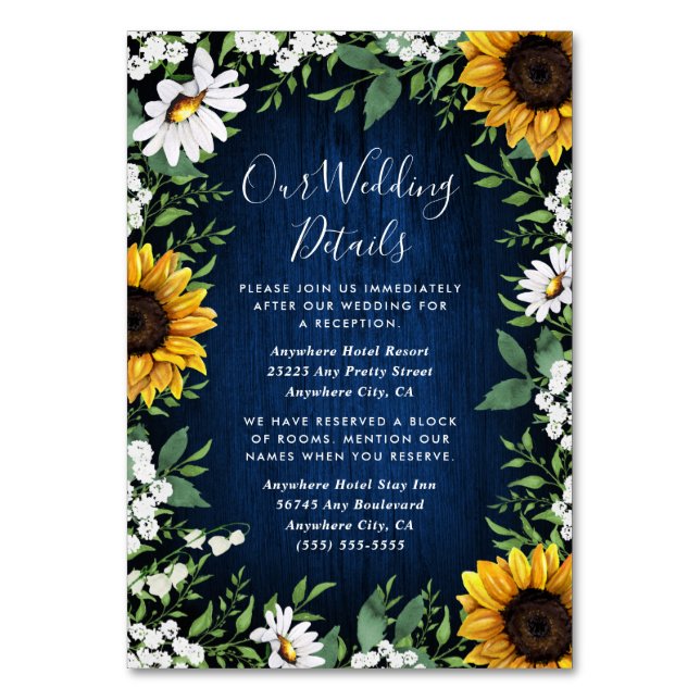 Navy Blue Sunflower Rústico Boda Insertar tarjetas (Anverso)