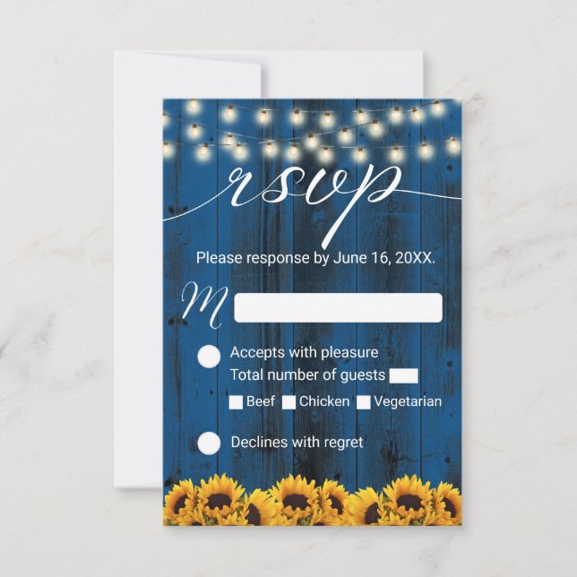Navy Blue Sunflowers Boda Rústica RSVP (Anverso)