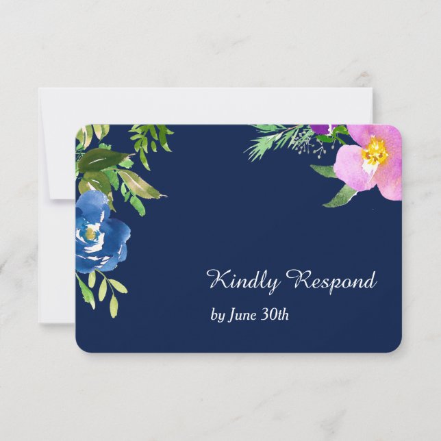 Navy Blue Violet Modern Floral Wedding RSVP (Anverso)