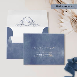 Navy Blue Watercolor RSVP con Escudo de dirección 