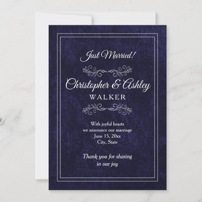 Navy Blue White 2 Sided Photo Wedding Announcement (Anverso)