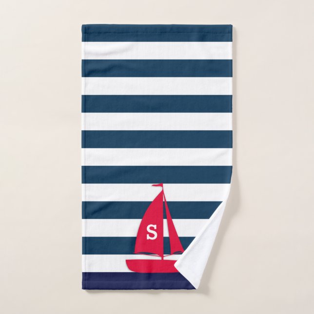 Navy Blue White Strin Monograma Red Boat Nautical (Toalla de mano)