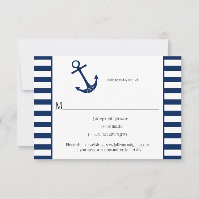 Navy Blue White Stripes Anchor Tema Náutico RSVP (Anverso)