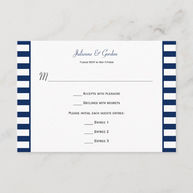 Navy Blue White Stripes Tema Náutico RSVP (Anverso)