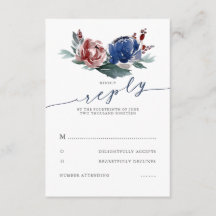 Navy Burgundy Floral Wedding RSVP