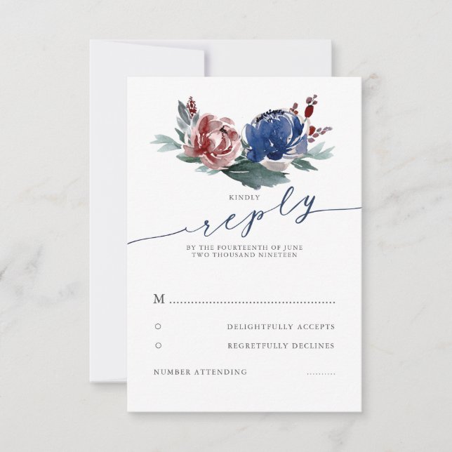 Navy Burgundy Floral Wedding RSVP (Anverso)