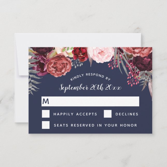 Navy Fall Marsala Rubor Peony Wedding Tarjetas RSV (Anverso)