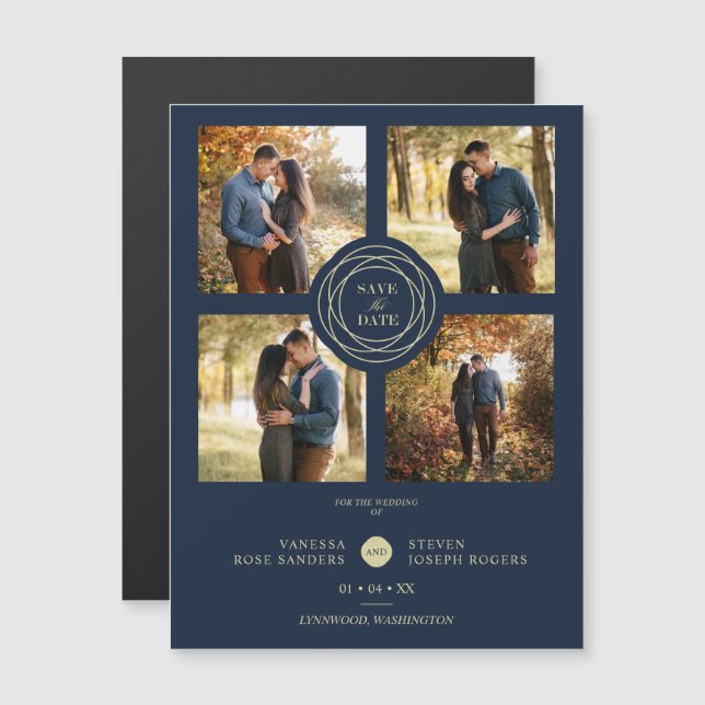 Navy Gold 4 Photos Modern Collage Wedding Script (Anverso/Reverso)
