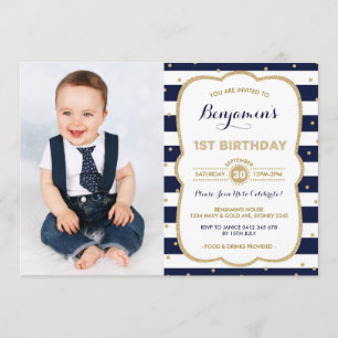 Navy Gold Boy Invitación de cumpleaños Fiesta Prín