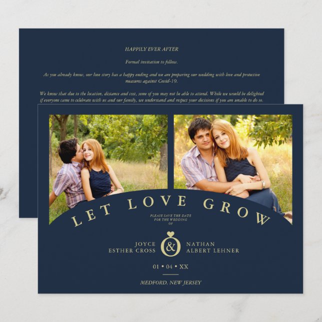 Navy Gold Elegant 2 Photos let Love Grow Wedding (Anverso / Reverso)