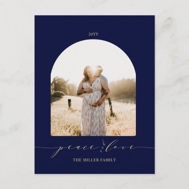 Navy & Gold | Foto de Navidad Paz y Amor (Anverso)