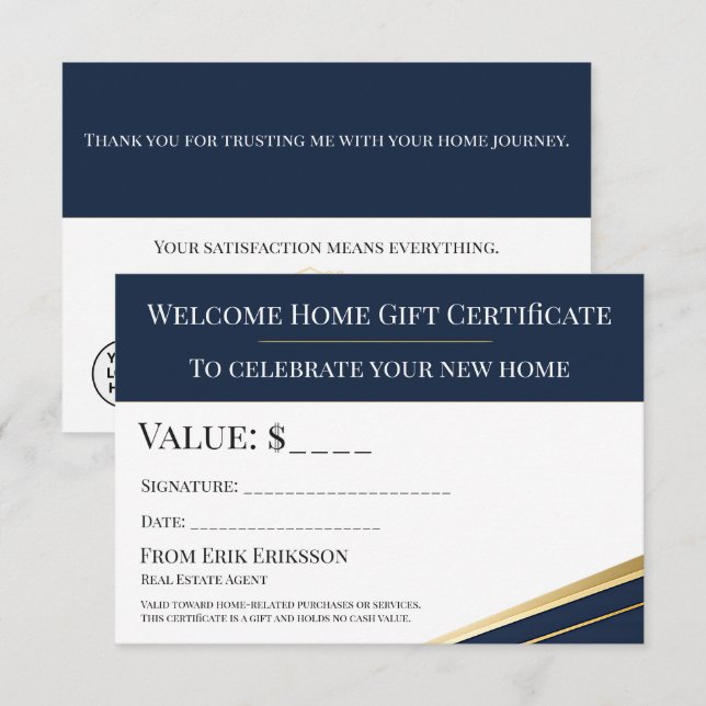 Navy Gold Realtor Welcome Home Gift Certificate (Anverso / Reverso)
