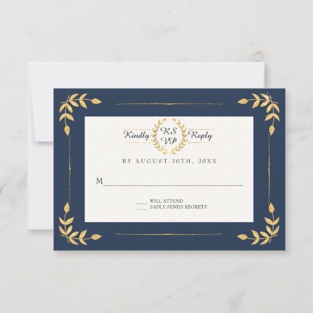 Navy Gold RSVP Leaf Wreath Foliage moderno (Anverso)
