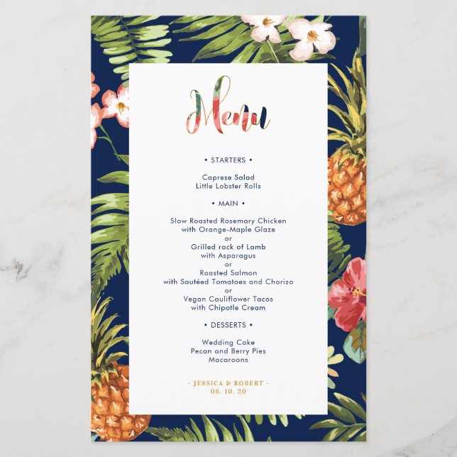 Navy & Gold | Tarjeta de menú de boda de verano tr (Anverso)