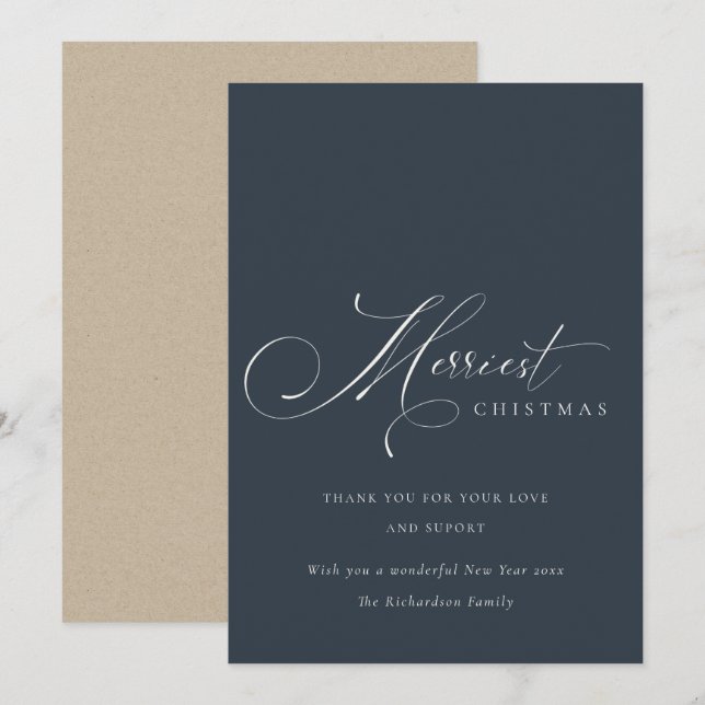Navy Grey Script Feliz Navidad Tarjeta de Greeting (Anverso / Reverso)