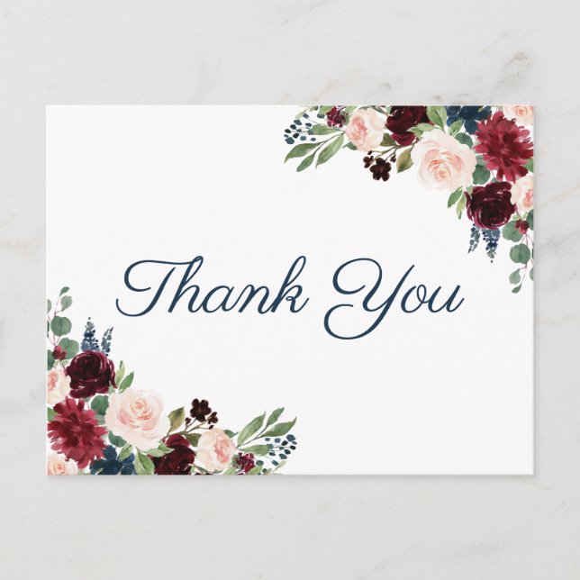 Navy Marsala Boda Floral Gracias Postales (Anverso)