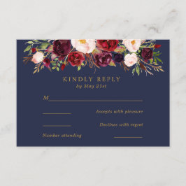 Navy Marsala Flores Boda Tarjeta RSVP