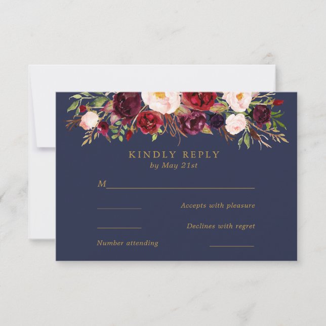 Navy Marsala Flores Boda Tarjeta RSVP (Anverso)