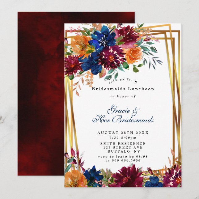 Navy Marsala Naranja Floral Bridesmaids Luncheon (Anverso / Reverso)