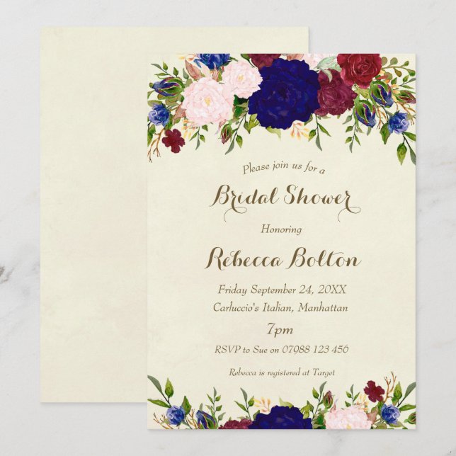 navy marsala vino de novia ducha invitación floral (Anverso / Reverso)