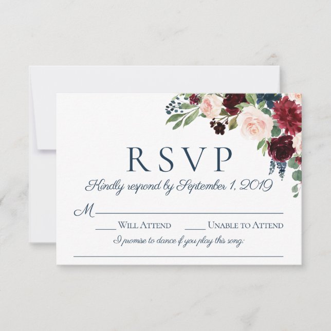 Navy Marsala Wedding RSVP Tarjetas con opción de c (Anverso)