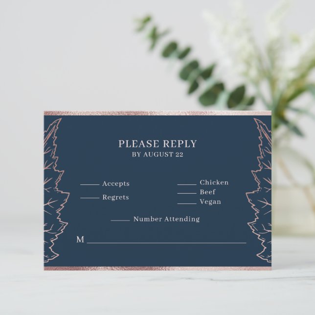 Navy Matt Rosa Gold Leaves Boda Tarjeta RSVP (Anverso de pie)