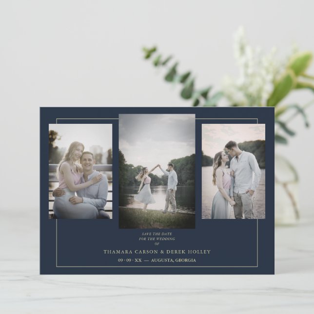Navy Modern Gold 3 Photos Sophisticated Wedding (Anverso de pie)