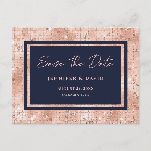 Navy Rosa Oro Holográfico Glitter Invitación de Bo (Anverso)