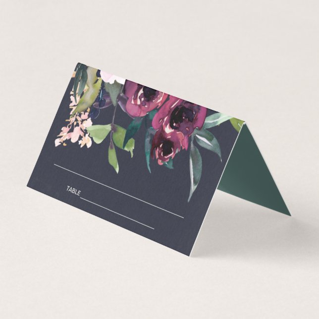 NAVY RUBOR BURGUNDY FLORAL BODA TARJETAS DE LUGAR (Anverso)