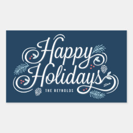 Navy Vintage Happy Holidays Rectangle Pegatinas