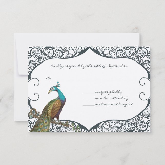 Navy Whimsical Peacock Love Bird RSVP (Anverso)