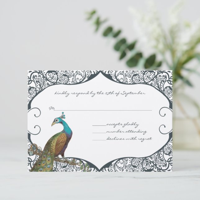 Navy Whimsical Peacock Love Bird RSVP (Anverso de pie)