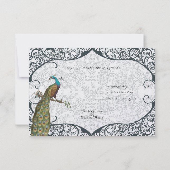 Navy Whimsical Peacock Love Bird RSVP (Anverso)